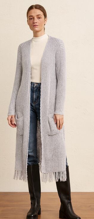 POL Sweaters - Womens POL Duster Cardigan Large Gray Fringed Open Front Loose Knit Pockets